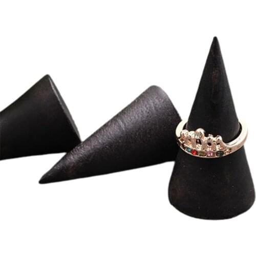 Natural Unpainted Wooden Jewelry Display Shelf Black Cone Shaped Organizer Wooden Stand Holder Ring Rack