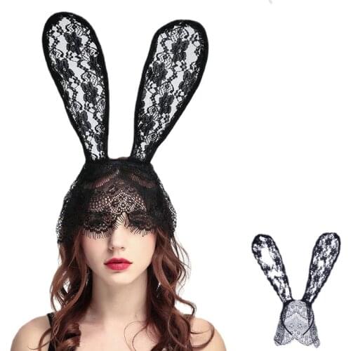 Newest Streetwear Aesthetic Bunny Rabbit Ears Venetian Filigree Lace Veil Costume Masquerade Mask Ink Girl