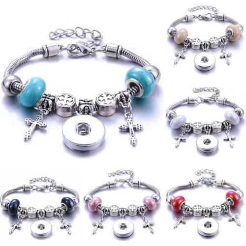 2019 New Cross Snap Button Bracelet Lobster Buckle Snake Chain Bangles Beaded Snap Bracelet Fit 18MM Snap Button Jewelry