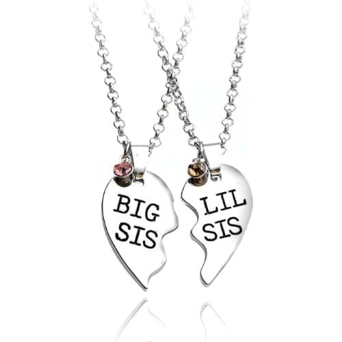 2pcs/set Heart Big SIS LIL SIS Necklace For 2 Handstamped BFF Couple Chains Pendant Family Necklace Engraved Girl Sister