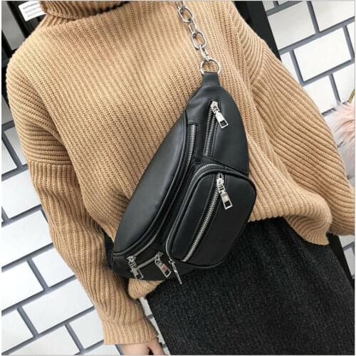 PU Leather Black Solid Waist Bag for Women 2021 New Chain Fanny Pack Belt Purse Shoulder Bags Tote Men Travel Waist Bag Handbag