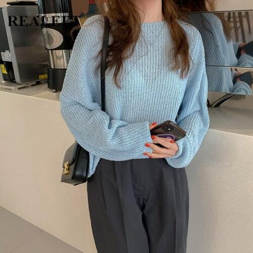 REALEFT Autumn Solid Loose Womens Knitted Pullover 2021 New Long Sleeve Hollow Out Casual O-Neck Sweaters Female Chic Tops