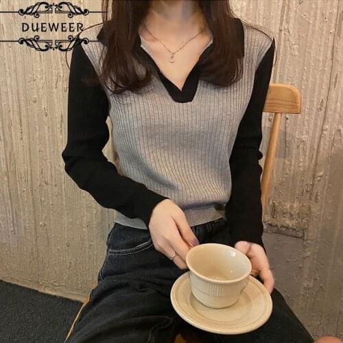 Pullovers Sweaters Women V-Neck Patchwork Paneled Elegant Simple Females Outwear Leisure Chic Slim Design All-match Outwear
