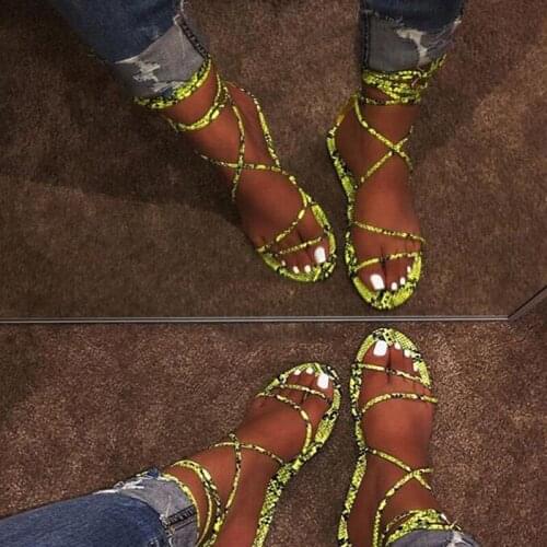 Womens Flat Sandals Summer Outside Leopard Snake Print Shoes Ankle Strap Buckle Strap Gladiator Sandals