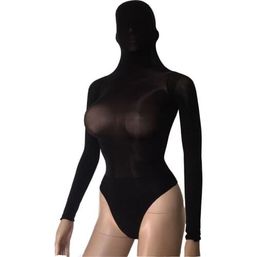 Sexy See Through Oil Glossy Shiny Hooded Leotard Body Stockings Stretchy Mini Dress Long Sleeve Bodysuit Lingerie