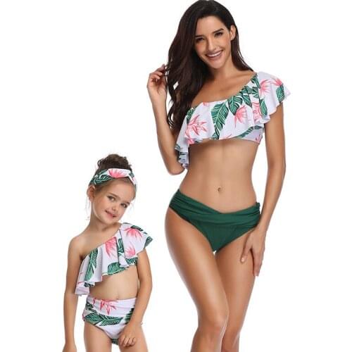 Family Sexy One Shoulder Swimwear Family Matching Clothes Mother&Me Floral Bikini Set High Waist Padded Bathing Suit Beachwear
