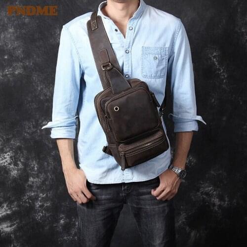 Vintage crazy horse cowhide mens USB chest bag designer high quality genuine leather multi-pocket small shoulder messenger bag
