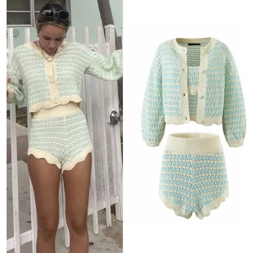 WESAY JESI Vintage Set Fashion Long Sleeve Cardigan Sweet Cute Stripe Tank Top Mini Shorts Knitted Sweater Three Piece Suits