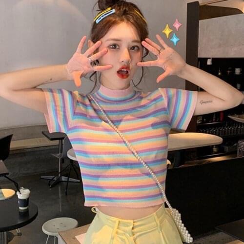 Summer Women T Shirt Korean Colorful Striped Crop Top Tee Harajuku Streetwear Stand Collar T Shirts