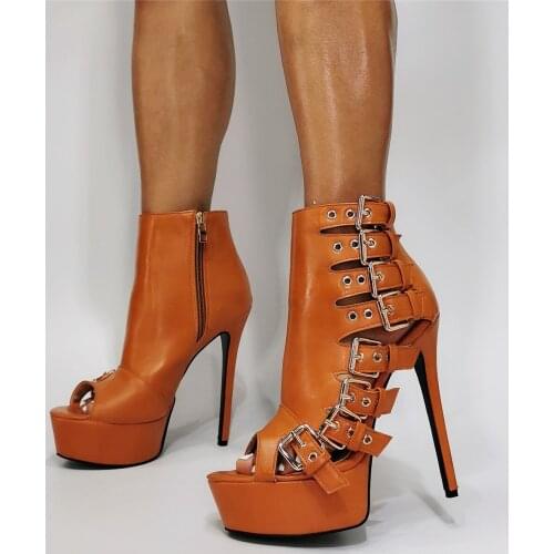 New Design Orange Leather Metal Buckle Strap Peep Toe Ankle Boots Woman Platform Thin heels Gladiator Short Summer Boots