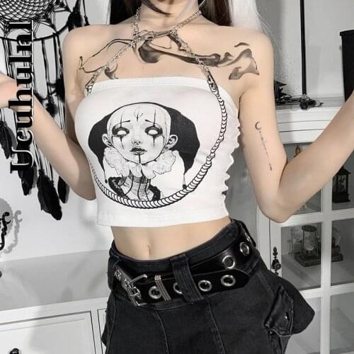 Ucuhulnl Y2K Punk Chain White Camis Mall Goth Print Sexy Bodycon Backless Camisole Streetwear Hip Hop Women Summer Cropped Tops