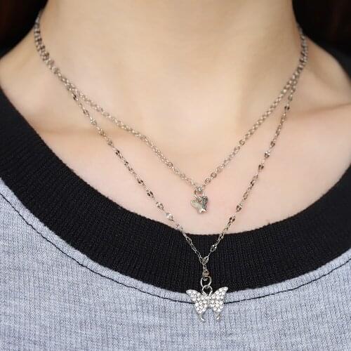Fashion Temperament Flash Crystal Butterfly Double Necklace for Women Simple Design Crystal Elegant Wedding Jewelry Gifts Sale