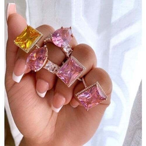 Big pink pear shape accent stone Rose gold pricess cut full cz band wedding engagment ring for women