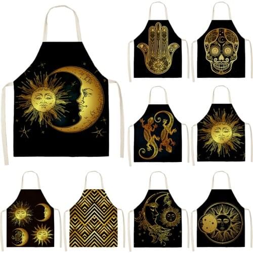 Golden Sun Moon Printed Kitchen Sleeveless Aprons Cotton Linen Bibs 53*65cm Household Women Cleaning Pinafore Home Cooking 46403