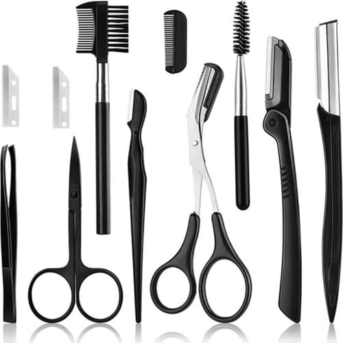 11Pcs/Set Eyebrow Trimmer Eyebrow Razor Kit Eyebrow Scissors Eyebrow Comb Razor Woman Eyebrow Shaper Makeup Tools