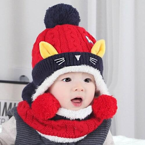 2PCS Toddler Baby Knit Hat Scarf Winter Warm Beanie Cap with Circle Loop Scarf Babys Cute Kitten Hat