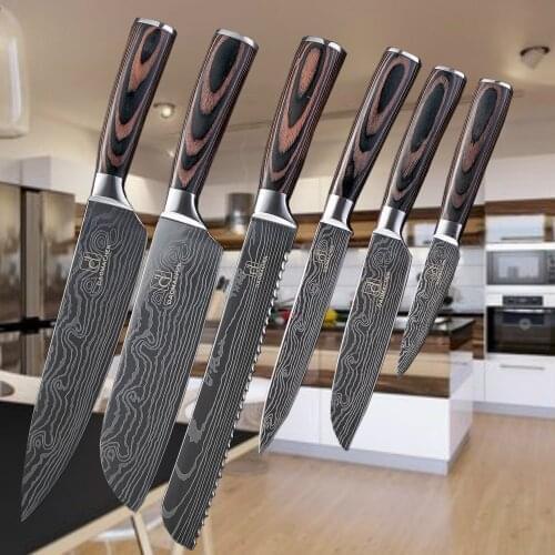 2019DAOMACHEN 6Pcs Stainless Steel Kitchen Knives Set Wooden Handle Bread Chef Knives Slicing Utility Paring Knife Multi Cooking