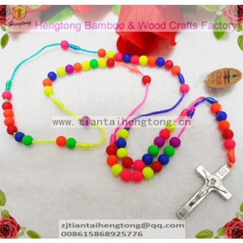 Free shipping 5pcs/pack rainbow color cord rosary,6MM fluorescent plastic bead rosary,religious rosary with benedict cross