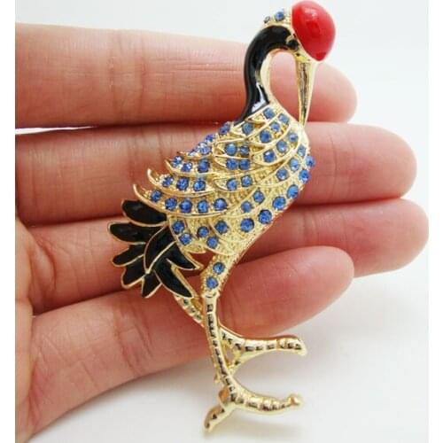 Gorgeous Blue Bird Red-crowned Crane Rhinestone Crystal Gold Tone Brooch Pin