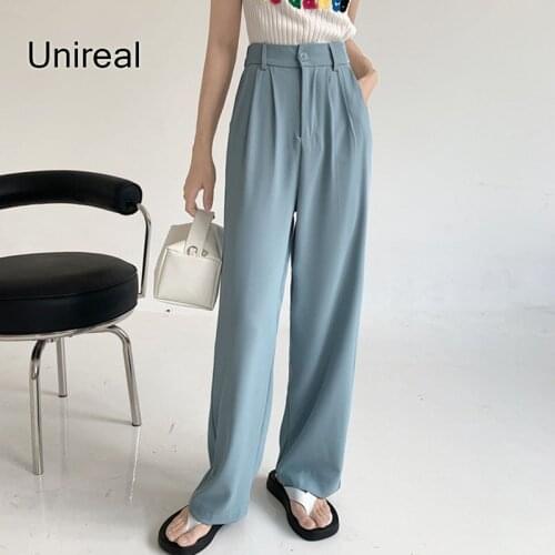 Unireal 2021 Summer Women Wide Leg Pants High Waist Female Casual Trouses Palazzo Pants Loose Blue Black Satin Pants Streetwear