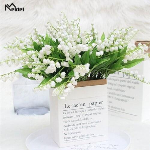 Meldel 1pcs Plastic Artificial Lily Valley Flower Branch White Fake Flowers Wedding Table Wreath Home Vase DIY Decoration Flower