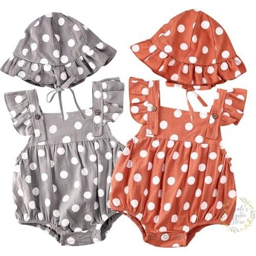 0-24M Newborn Infant Baby Girls Romper Ruffles Dot Jumpsuit + Caps Summer Toddler Baby Girls Costumes