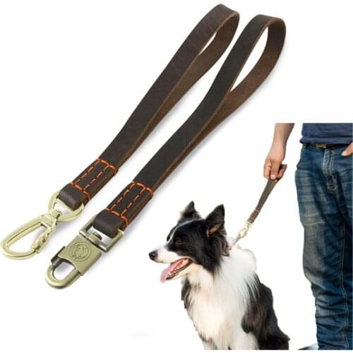 Genuine Leather Short Dog Leash Explosion-proof dog traction belt One step Walking Leash pet Training Lead for Medium Large Big