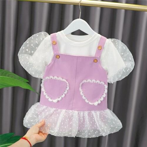 LISUNNY Baby Girls Clothing Sets Summer Toddler Infant Puff Sleeve Lace Princess T Shirt Dress Children Baby Kids Clothes