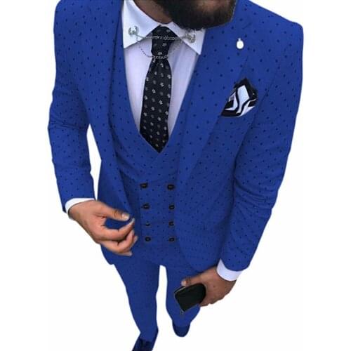 2021 Fashion Dots Mens Suit 3 pieces Slim Fit Royal Blue Wedding Suits for Men Groom Tuxedo Mens Suits Jacket Vest Pants Set