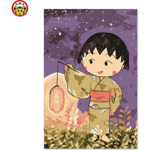 Painting by numbers art paint by number Chibi Maruko-chan Little girl wearing Japanese kimono Starry sky and lantern