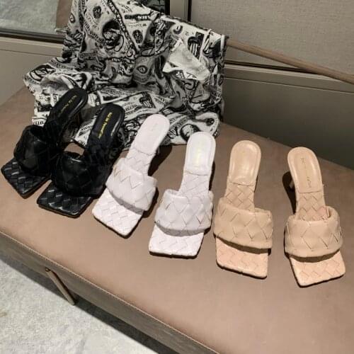 2020 Spring and Summer New Hand-Woven Square Head Thin High Heel Mesh outside Wearing Foreign Style Slippers