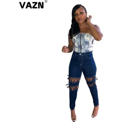 VAZN 2020 New Arrival High-end Unusual Sexy High Street Cross Bandage Top Solid Young Women High Waist Slim Pencil Long Pants