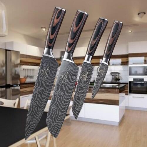4 pcs Kitchen Knives Damascus Veins Stainless Steel Knives Color Wood Handle Paring Utility Santoku Slicing Chef Cooking Knife