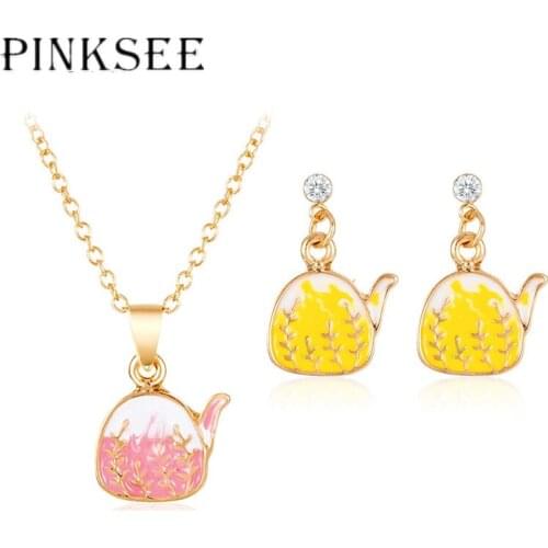 Pinksee 2019 New Delicate Teapot Jewelry Set Cute Personality Drip Cartoon Small Kettle Pendant Necklace Earrings for Women