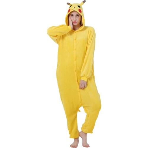 2020 Adults Animal Pajamas Cartoon Sleepwear Yellow Hooded Pajamas Sets Anime Kigurumi Women Men Warm Flannel Hooded
