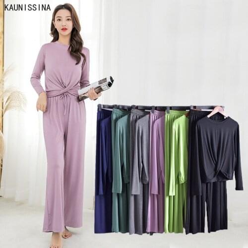 Women Pajama Sets Autumn Summer Modal Pyjamas Solid Sleepwear Short Sleeve Tops Long Pants Female Lounge Homewear