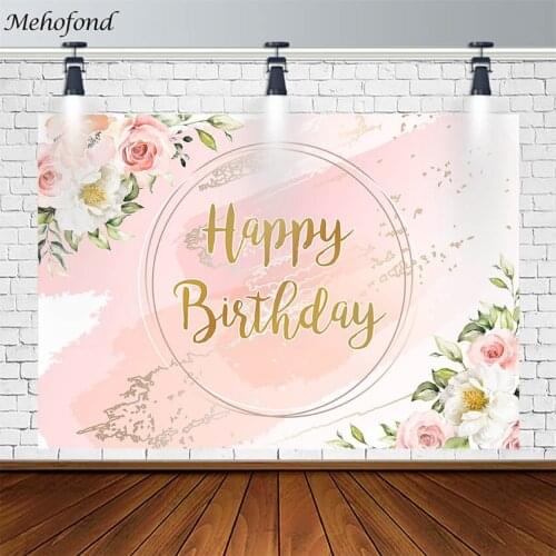 Pink Marble Texture Backdrop Happy Birthday Party Flowers Green Leaves Girl Photography Background Studio Photocall Decor Props