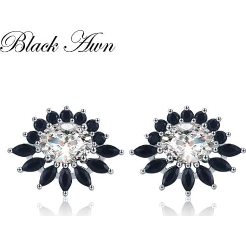 2020 Romantic 925 Sterling Silver Flower Black Spinel Trendy Engagement Earrings for Women Fine Jewelry oorbellen Bijoux I048