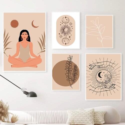 Scandinavian Abstract Woman Sun Moon Leaf Wall Art Canvas Painting Nordic Posters And Prints Wall Pictures For Living Room Decor