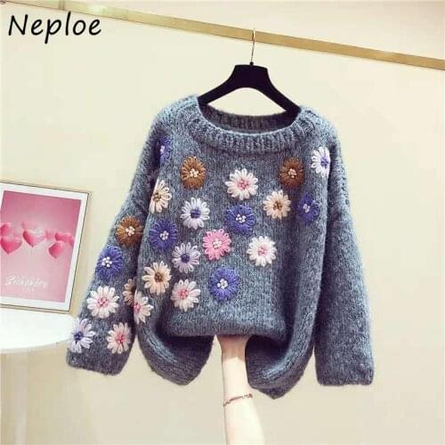 Neploe Sweet O-Neck Knitted Sweater Women Autumn Embroidery Three-dimensional Flowers Pullovers Loose Fashion Sweater Women