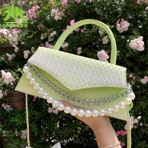 Luxury Designer Weave Ladies Shoulder Bags Fashion Pearl Chain Woman Handbag 2021 Summer New Quality Pu Leather Messenger Bag