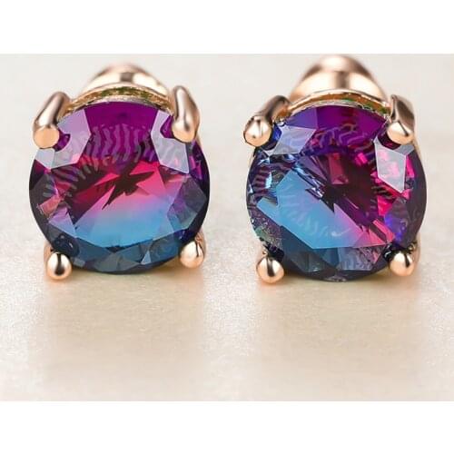 Punk Female Rainbow Crystal Stone Earring Charm Rose Gold Color Small Stud Earrings Cute Round Zircon Wedding Earrings For Women