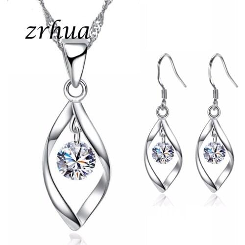 ZRHUA High Quality Silver 925 Jewelry Sets Shiny AAA+ CZ Crystal Pendant Necklace Earrings Set for Women Wedding Bridal Bijoux
