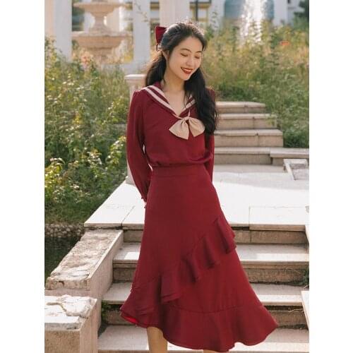 2021 Autumn Women Bowknot Vintage College Style Navy Collar Top + Ruffled Skirt Red Festive Two-Piece Suit