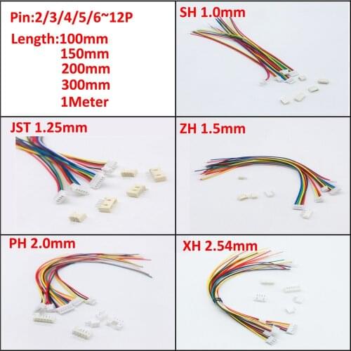 10 sets 1.0mm 1.25mm 1.5mm 2.0 2.54mm 2PIN /3/4/5/6/12P Pin Male & Female PCB Connector SH JST ZH PH XH 2 Pin 10cm/15cm/20cm