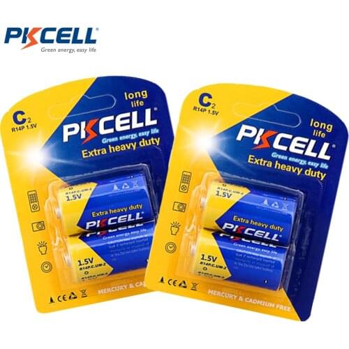 4 x PKCELL Super Heavy Duty R14P C Size UM2 Batteries 1.5 Volts Dry Cell Carbon Zinc Battery in 2 Card