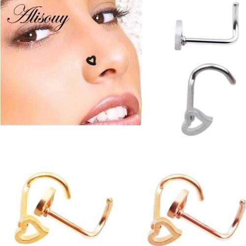 Alisouy 1 PCS Stainless Steel color Gold Black Nose Ring Earring Body Piercing Heart Shape Nose Studs Women Men Studs Jewelry