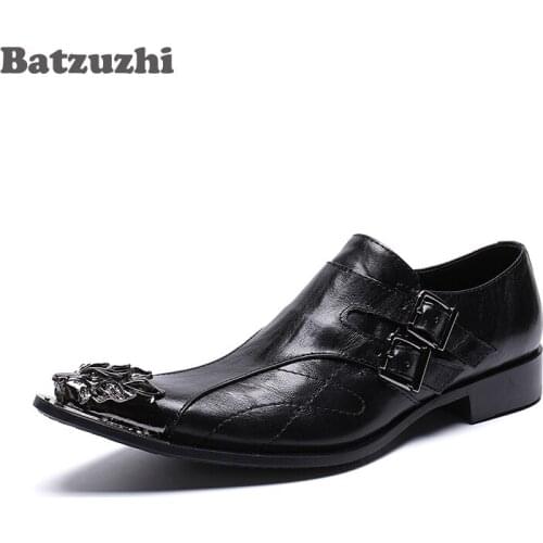 Batzuzhi Italian Leather Mens Dress Shoes Fashion Metal Pointed Toe Black Business Leather Dress Shoes Men Party and Wedding