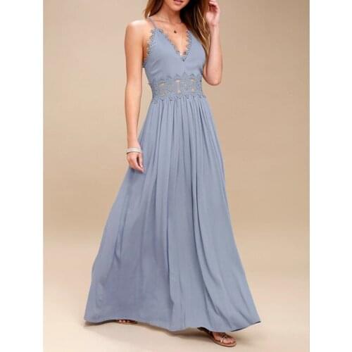 WFKYY Bohemian Beach Blue V-Neck Spaghetti Strap Camisole Lace Hook Flower Hollow Spliced A-Line Maxi Floor-Length Dress D4097