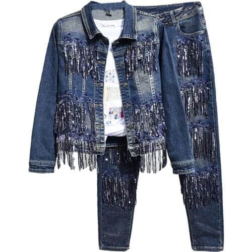 Large 2XL! Denim jeans womens two piece jacket and pencil jeans denim suit womens two piece suit